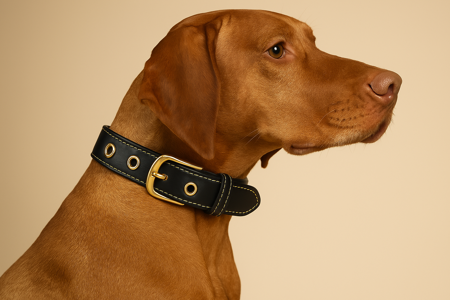 Collare per cani in pelle nera con finiture oro invecchiato.