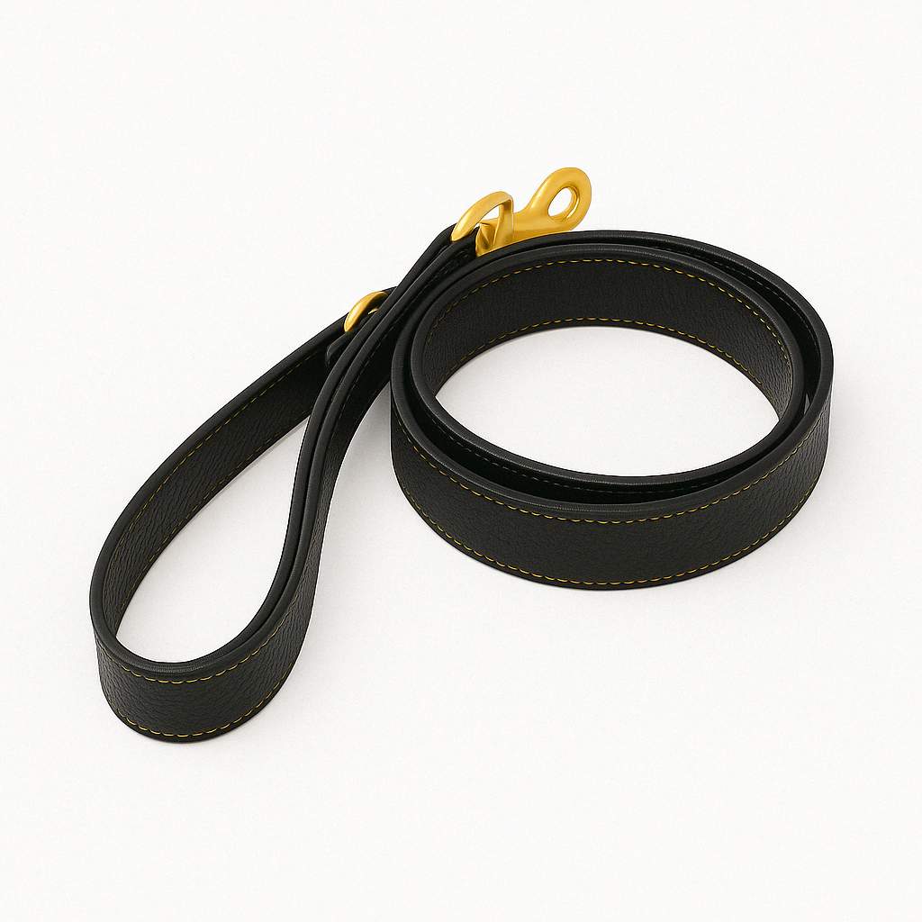 Correa para perros en cuero negro con acabados en oro envejecido.