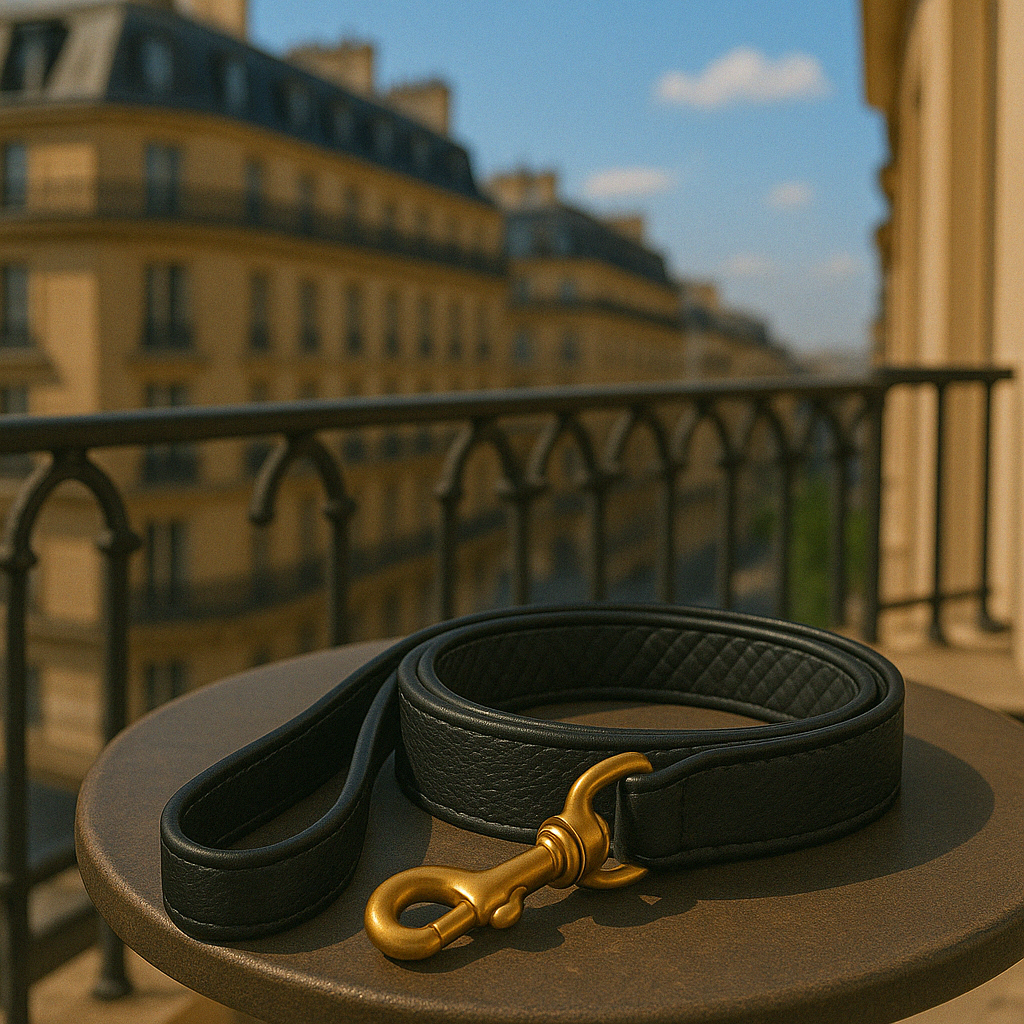 Correa para perros en cuero negro con acabados en oro envejecido.