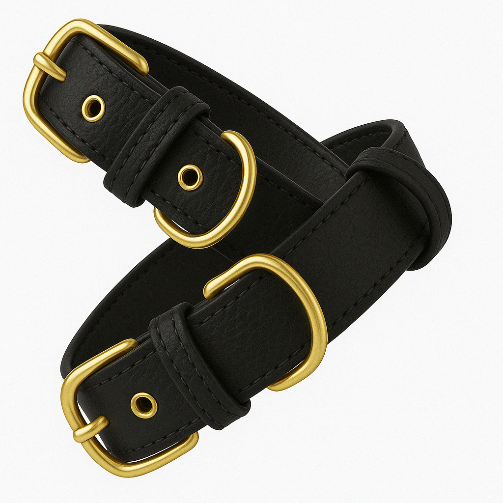 Collare per cani in pelle nera con finiture oro invecchiato.