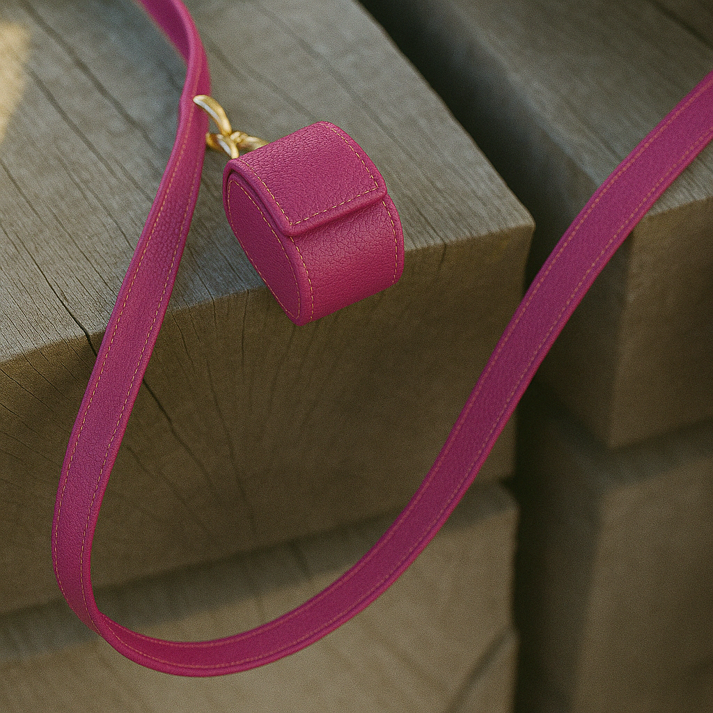 Black leather poop bag dispenser.