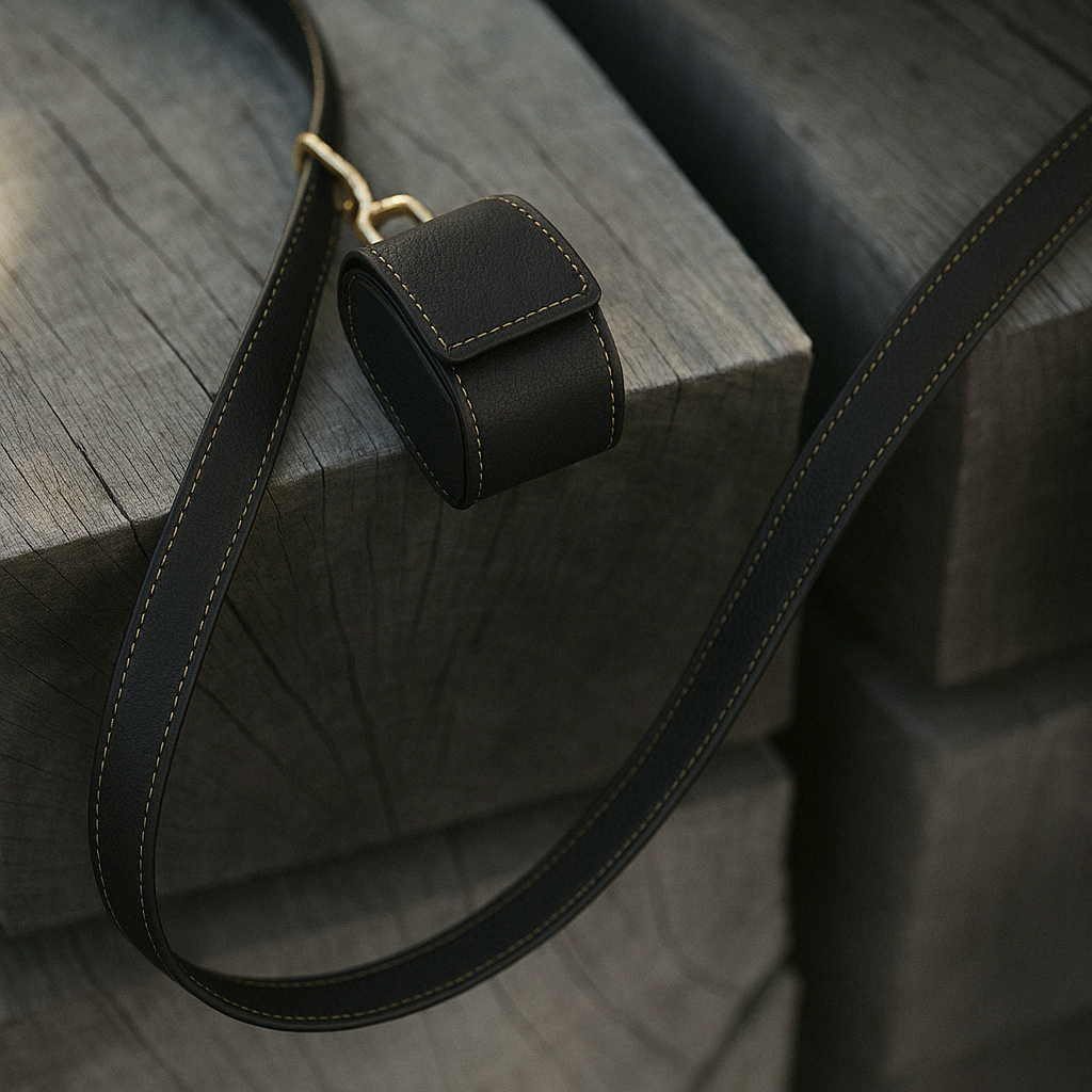 Black leather poop bag dispenser.