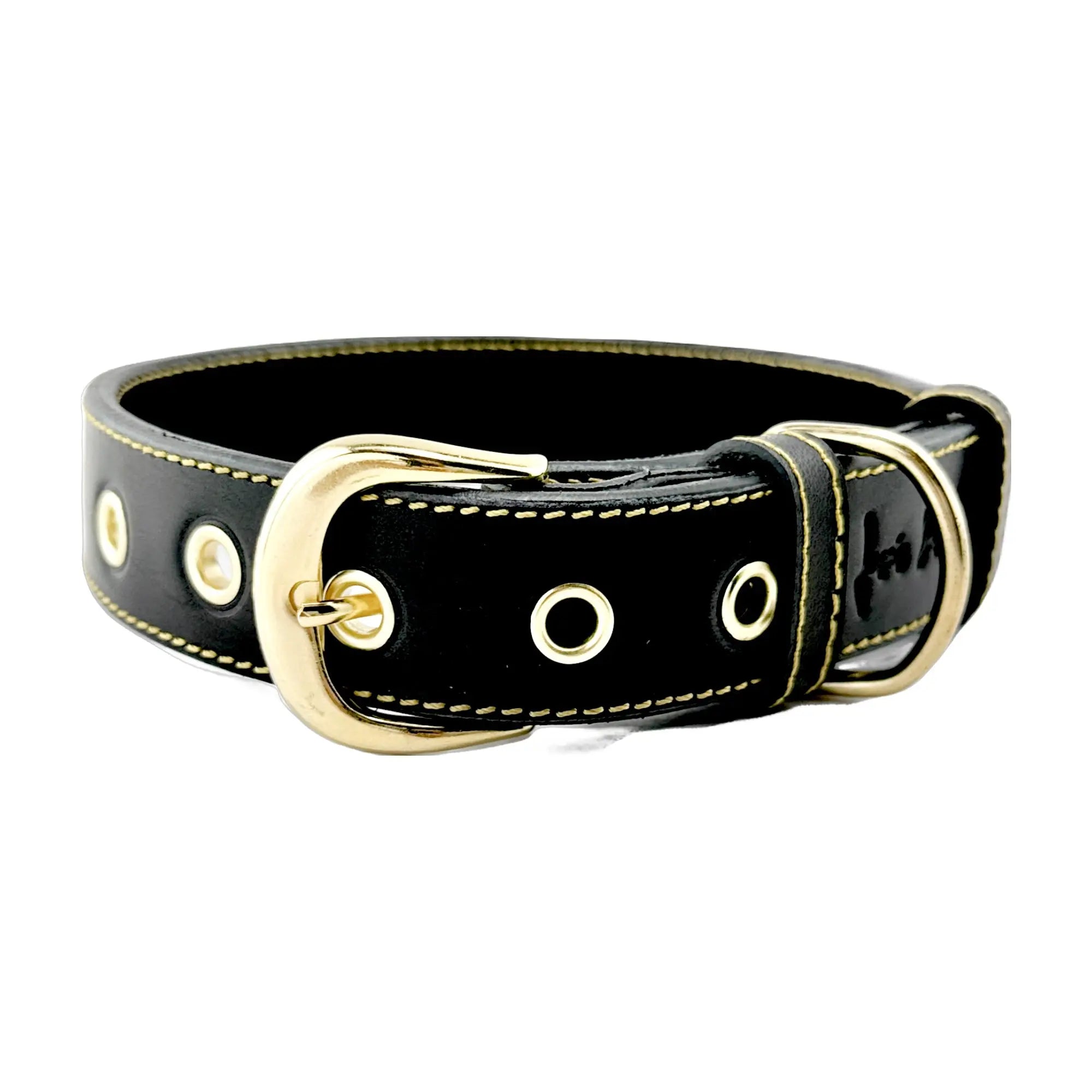 Collar para perros en cuero negro con acabados en oro envejecido. 